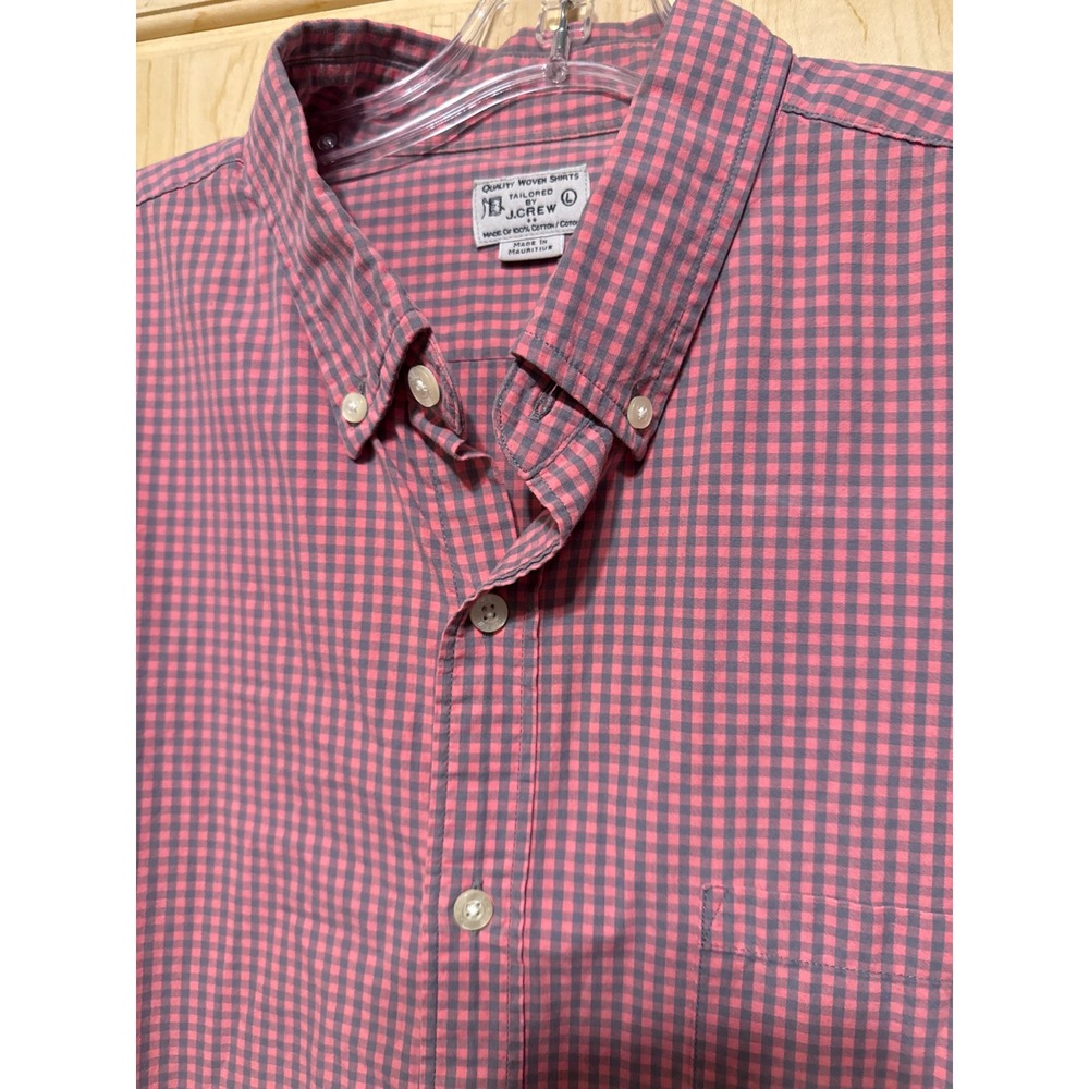 VTG J. Crew Tailored‎ Fit Pink Grey Gingham Button Down Shirt Mens Size L